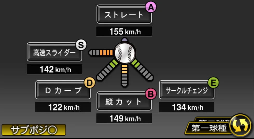 松坂 大輔の球種(ゲーム内の画面)
