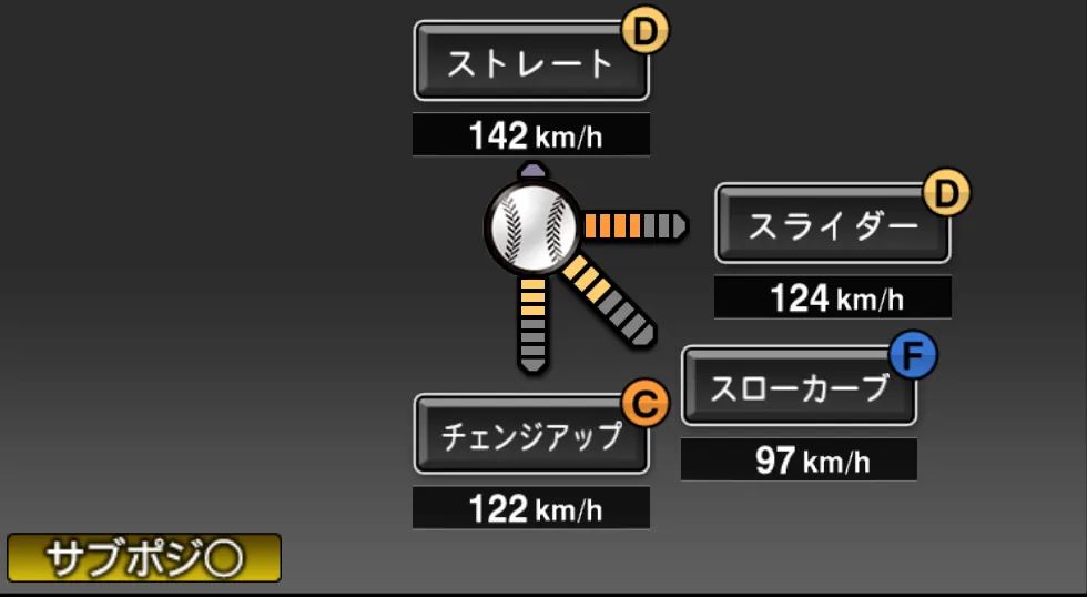 武隈 祥太の球種（ゲーム内の画面）