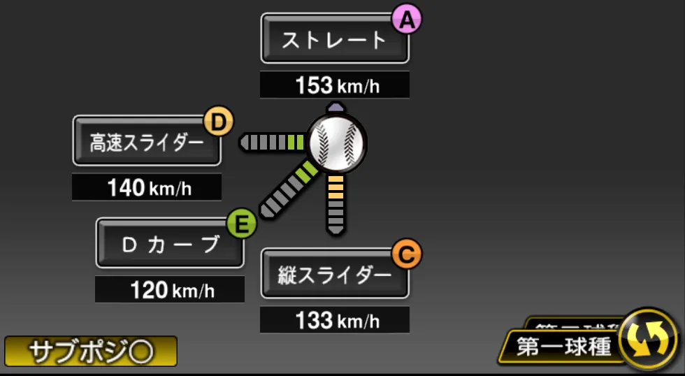 増田 達至の球種（ゲーム内の画面）