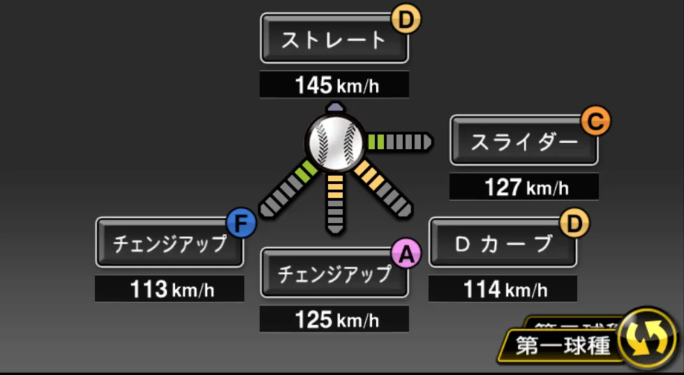 小石 博孝の球種（ゲーム内の画面）