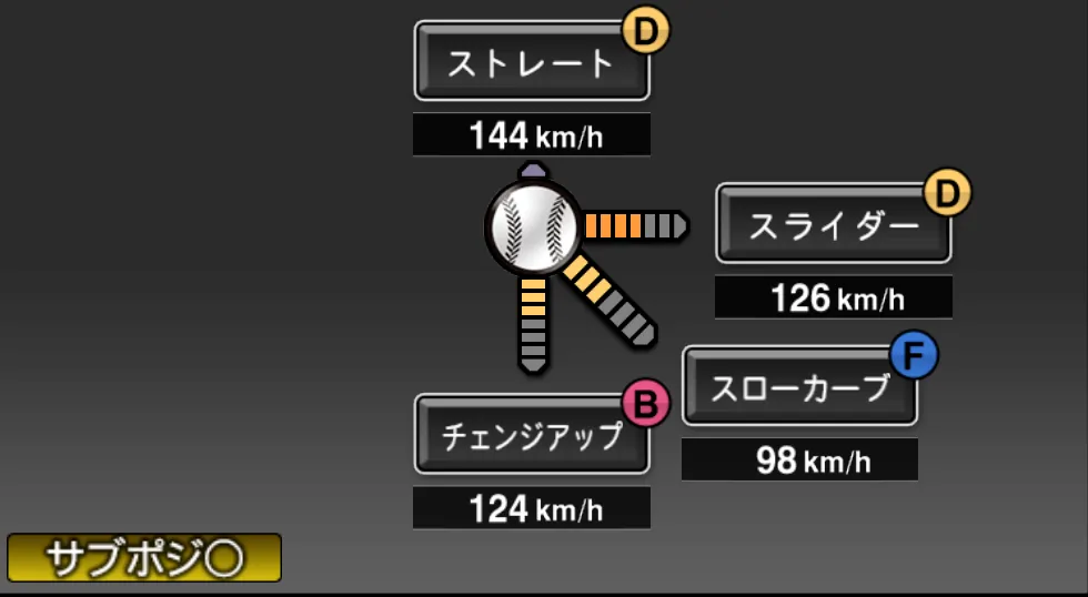 武隈 祥太の球種（ゲーム内の画面）