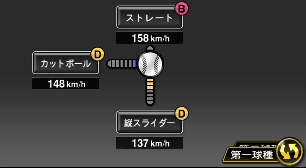 シュリッターの球種（ゲーム内の画面）