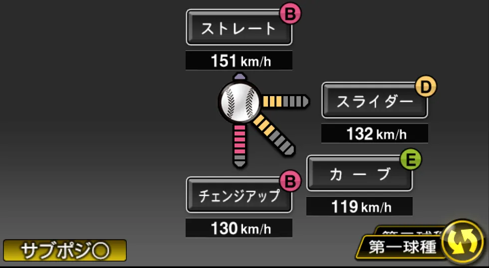 グラマンの球種（ゲーム内の画面）