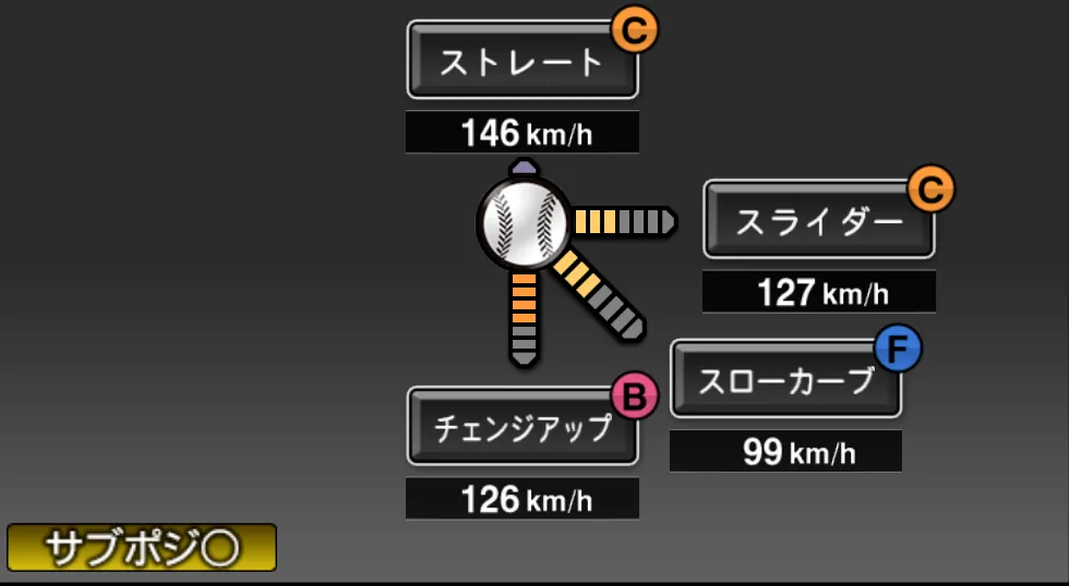 武隈 祥太の球種（ゲーム内の画面）