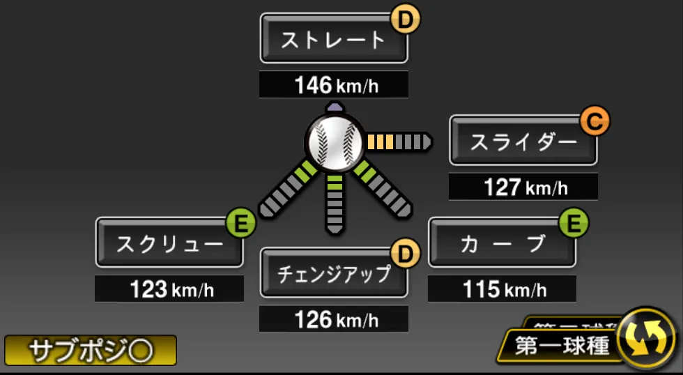 齊藤 大将の球種（ゲーム内の画面）