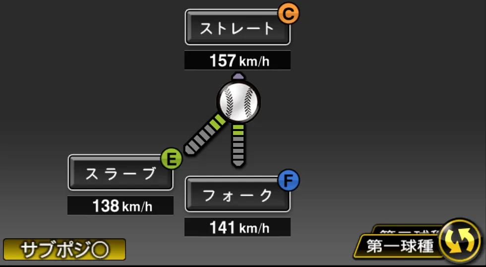 中塚 駿太の球種（ゲーム内の画面）