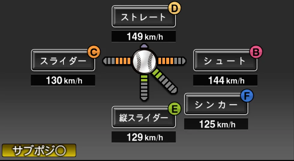 平井 克典の球種（ゲーム内の画面）