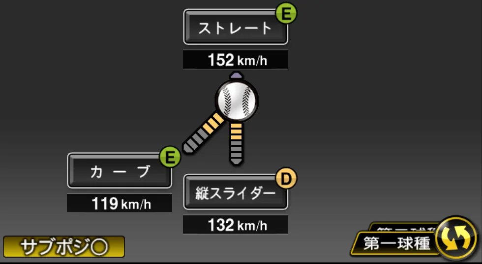 今井 達也の球種（ゲーム内の画面）
