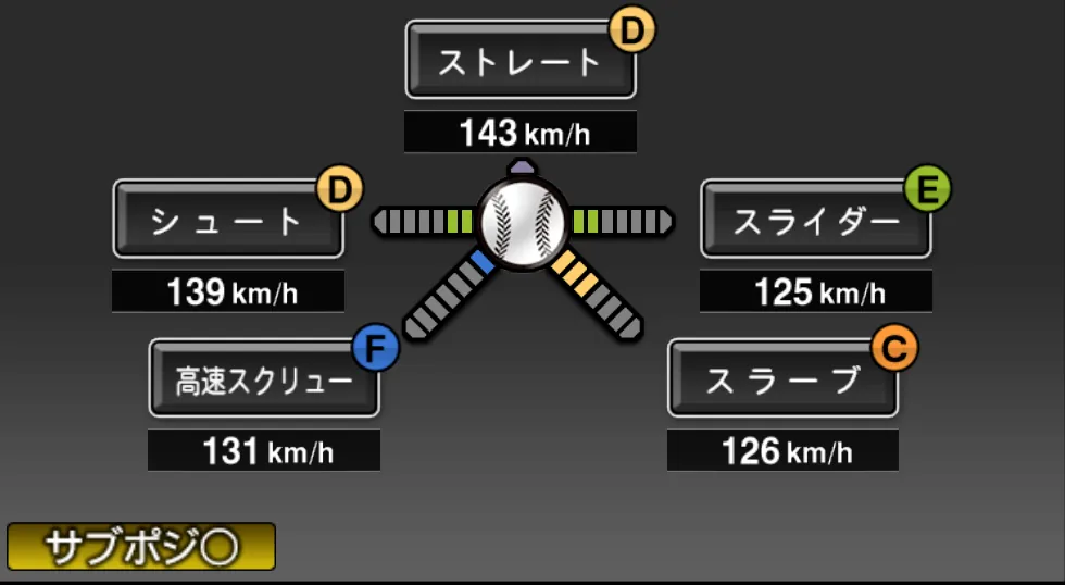 小川 龍也の球種（ゲーム内の画面）