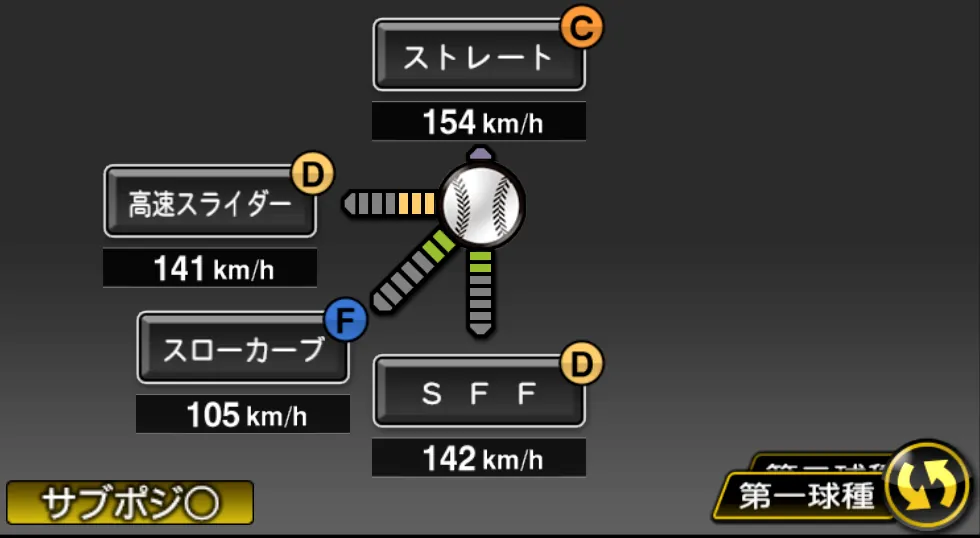 松本 航の球種（ゲーム内の画面）