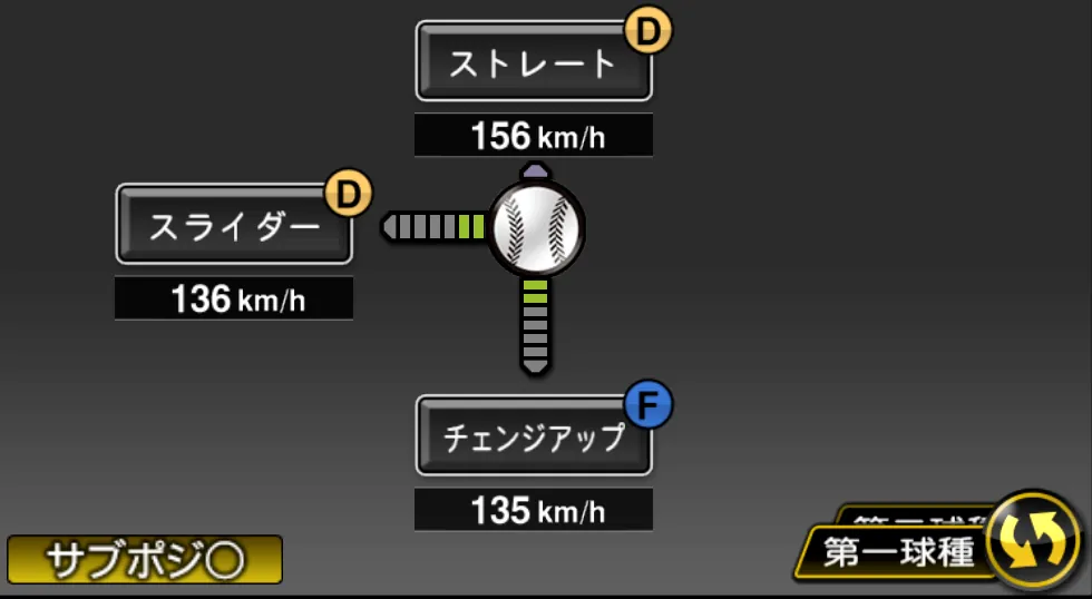 平良 海馬の球種（ゲーム内の画面）
