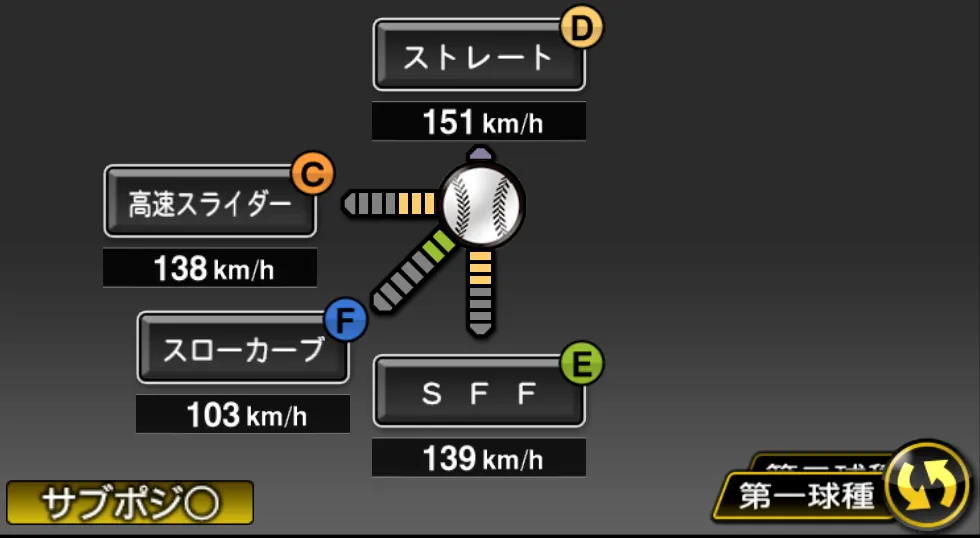 松本 航の球種（ゲーム内の画面）