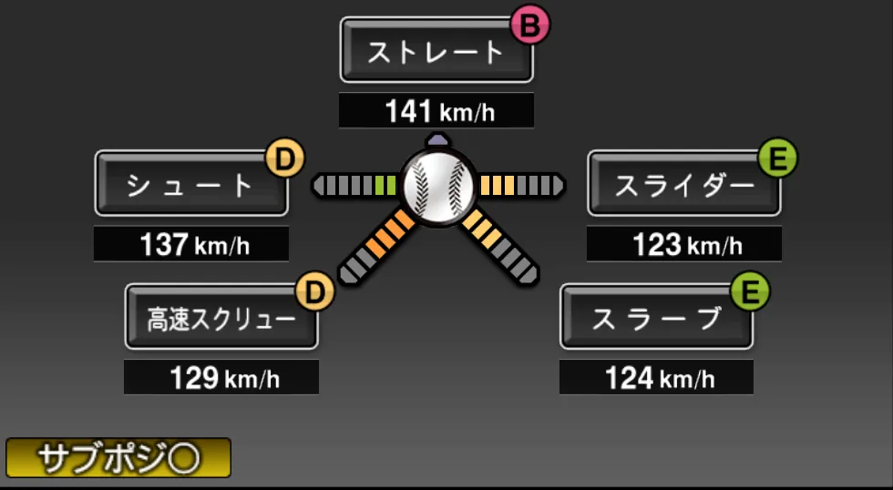 小川 龍也の球種（ゲーム内の画面）