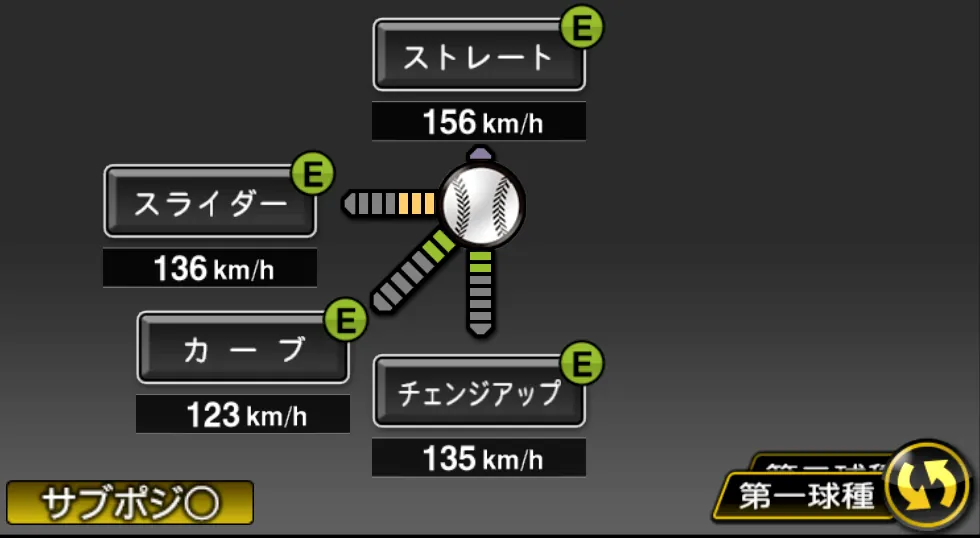 平良 海馬の球種（ゲーム内の画面）