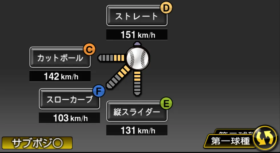 松本 航の球種（ゲーム内の画面）