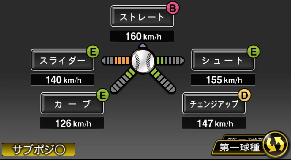 平良 海馬の球種(ゲーム内の画面)