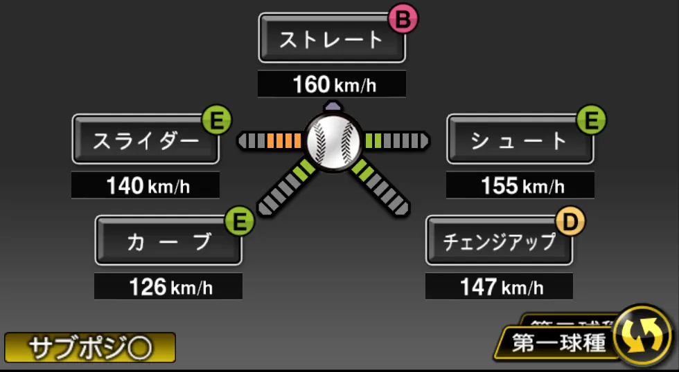 平良 海馬の球種（ゲーム内の画面）