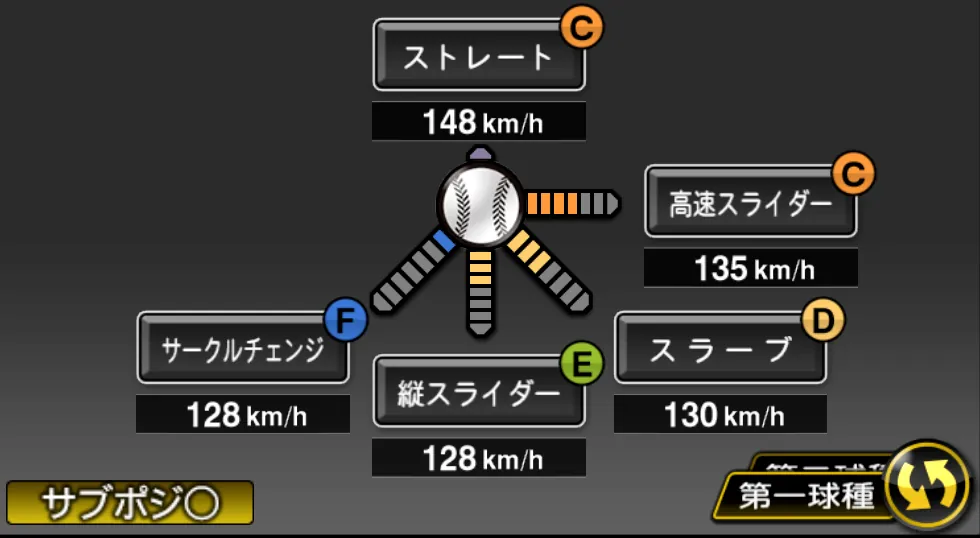 浜屋 将太の球種（ゲーム内の画面）