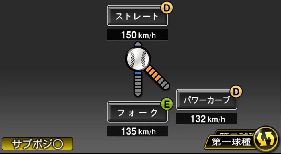 吉川 光夫の球種(ゲーム内の画面)