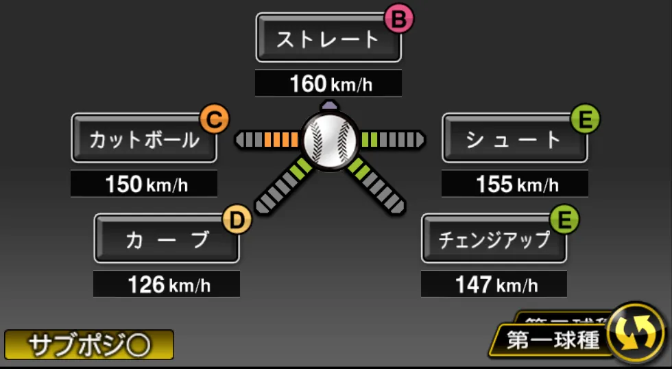 平良 海馬の球種（ゲーム内の画面）