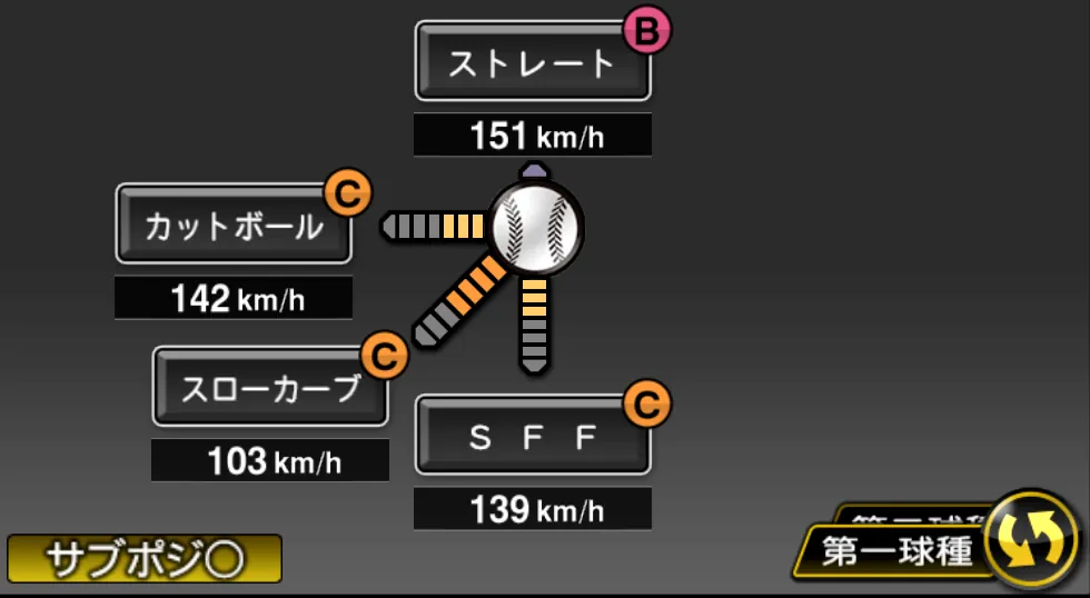松本 航の球種（ゲーム内の画面）