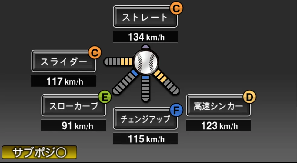 與座 海人の球種（ゲーム内の画面）
