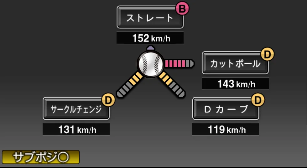エンスの球種（ゲーム内の画面）