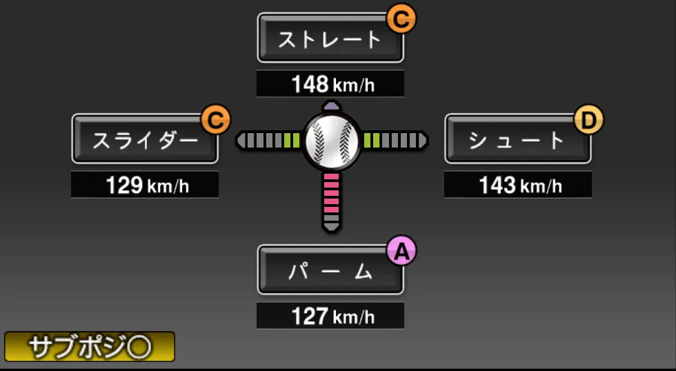 石井 丈裕の球種（ゲーム内の画面）