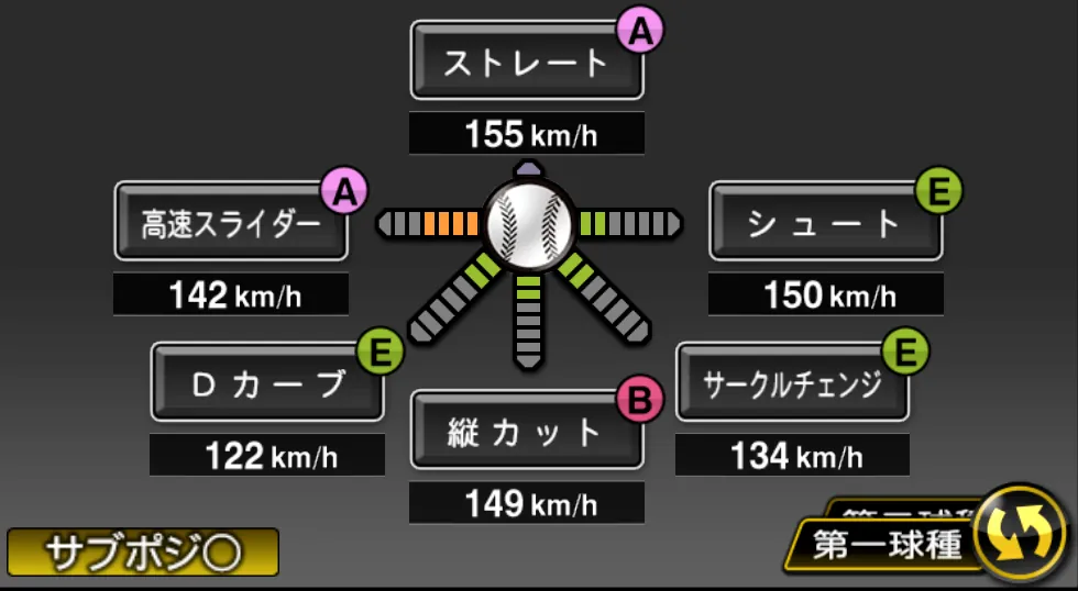 松坂 大輔の球種(ゲーム内の画面)