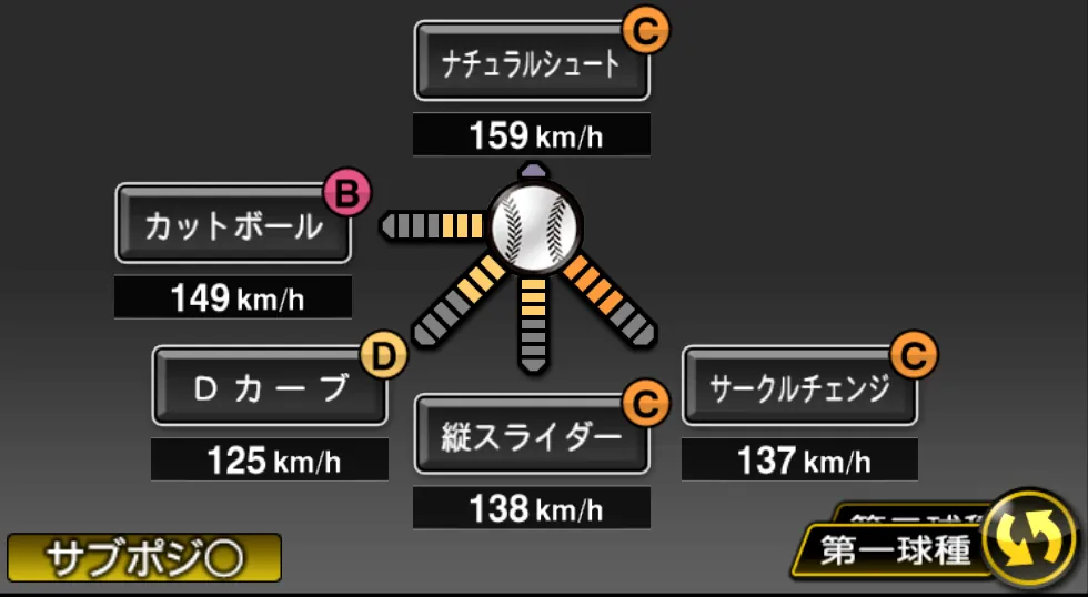 今井 達也の球種（ゲーム内の画面）