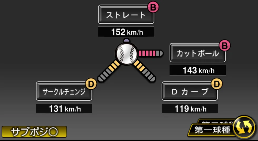 エンスの球種（ゲーム内の画面）