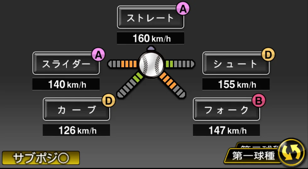 平良 海馬の球種（ゲーム内の画面）