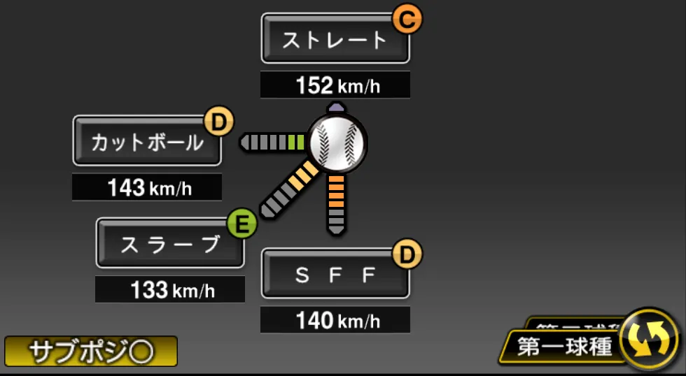 大曲 錬の球種（ゲーム内の画面）