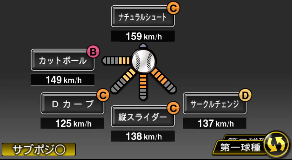 今井 達也の球種（ゲーム内の画面）