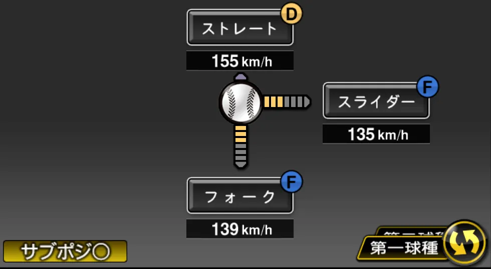 羽田 慎之介の球種（ゲーム内の画面）