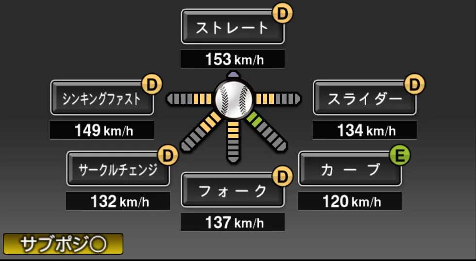 武内 夏暉の球種（ゲーム内の画面）