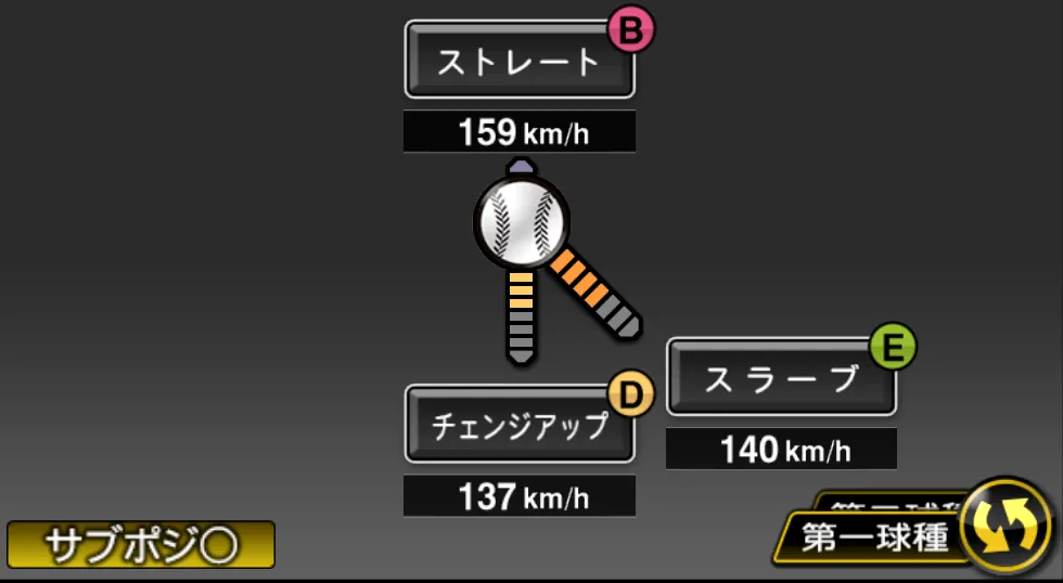 ヤンの球種（ゲーム内の画面）