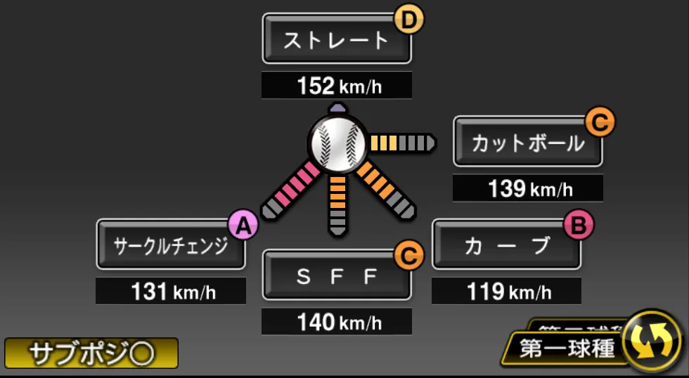 隅田 知一郎の球種（ゲーム内の画面）