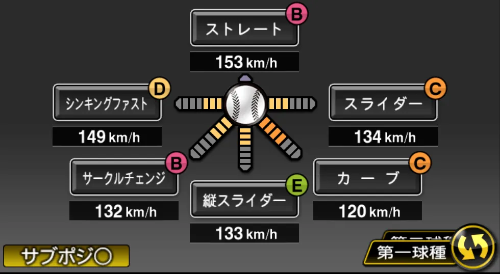 武内 夏暉の球種(ゲーム内の画面)