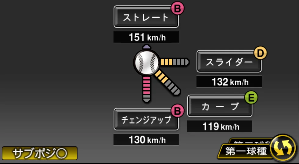 グラマンの球種（ゲーム内の画面）