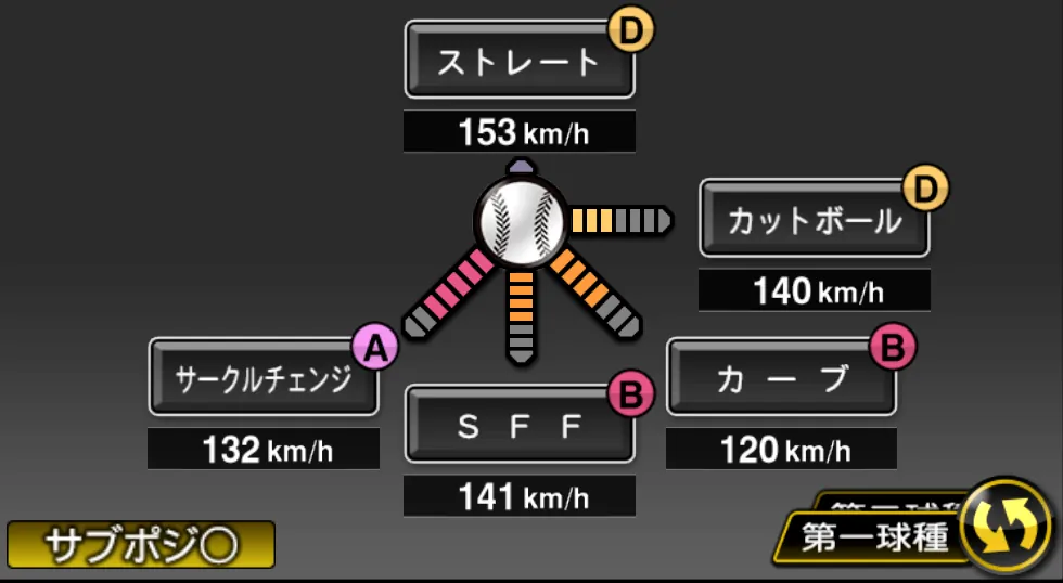 隅田 知一郎の球種（ゲーム内の画面）