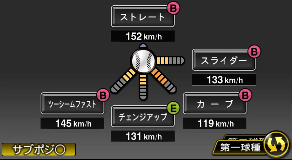 武内 夏暉の球種（ゲーム内の画面）