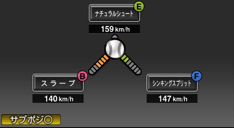 ウィンゲンターの球種（ゲーム内の画面）