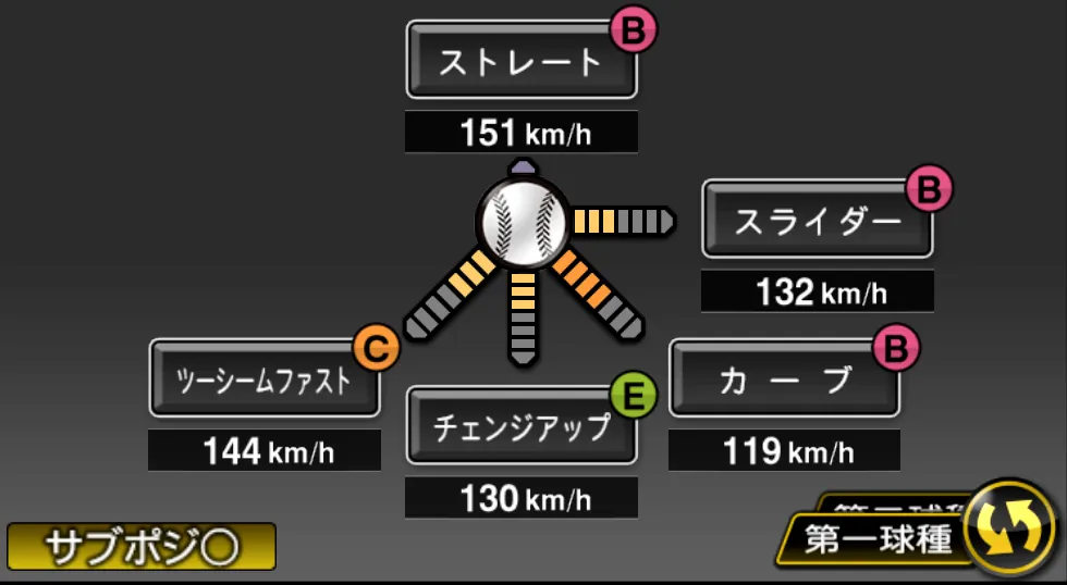 武内 夏暉の球種（ゲーム内の画面）