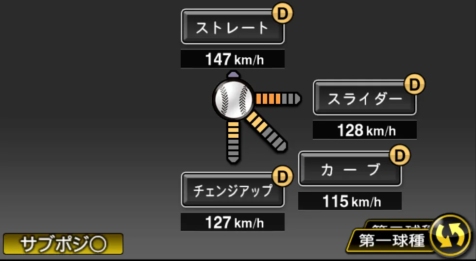杉山 遙希の球種（ゲーム内の画面）