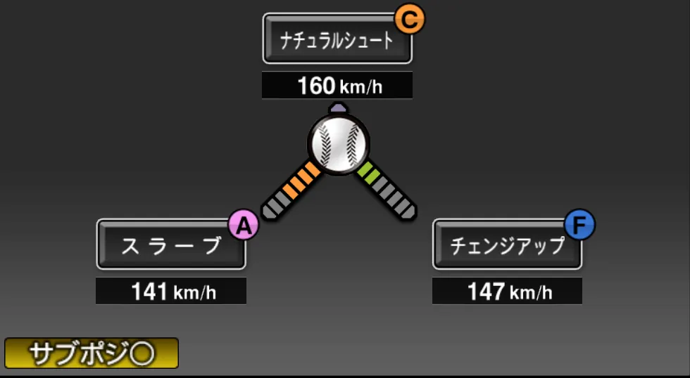 ウィンゲンターの球種（ゲーム内の画面）