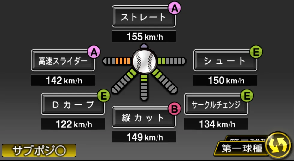 松坂 大輔の球種（ゲーム内の画面）