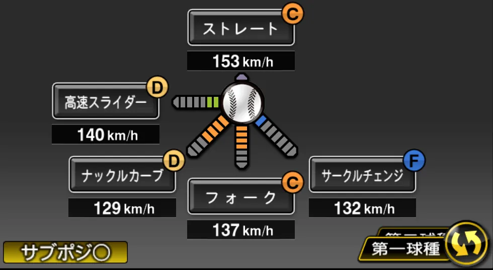 黒木 優太の球種（ゲーム内の画面）