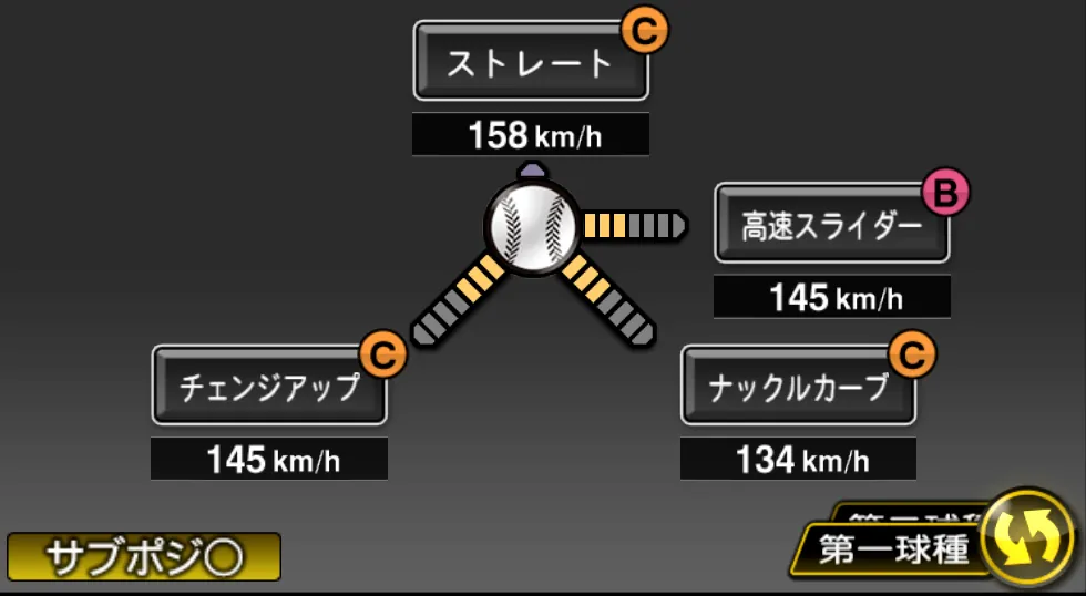 菊池 雄星の球種(ゲーム内の画面)