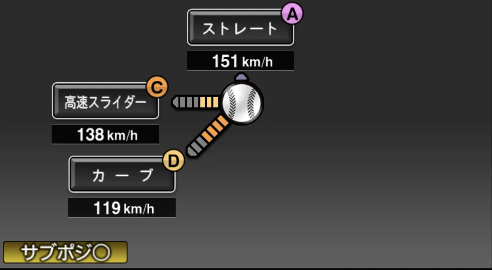 渡辺 智男の球種（ゲーム内の画面）